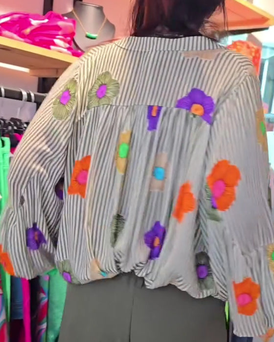 Stripe Floral Tie Blouses