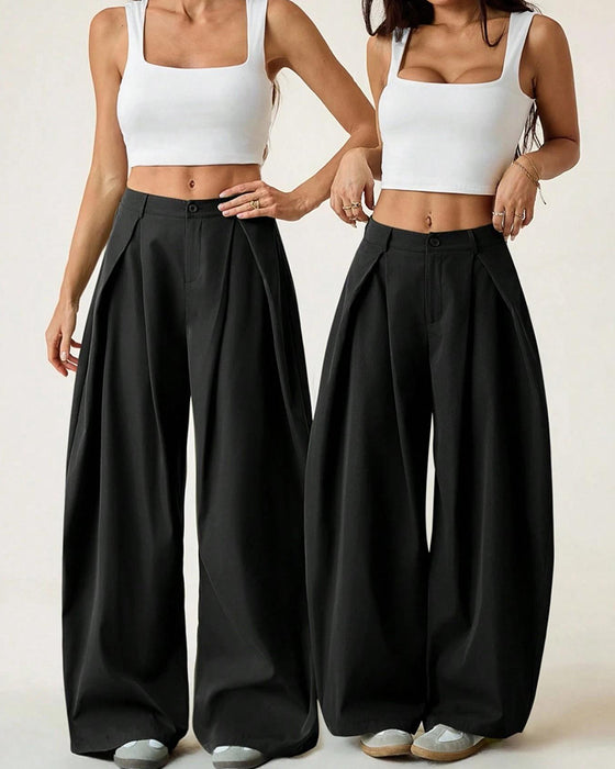High-Waist Pleated Wide-Leg Casual Pants