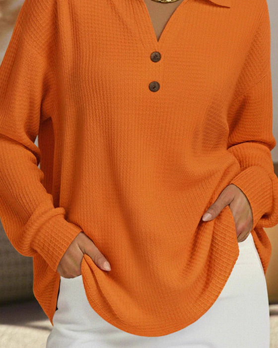 Lapel Button Waffle Solid Blouse