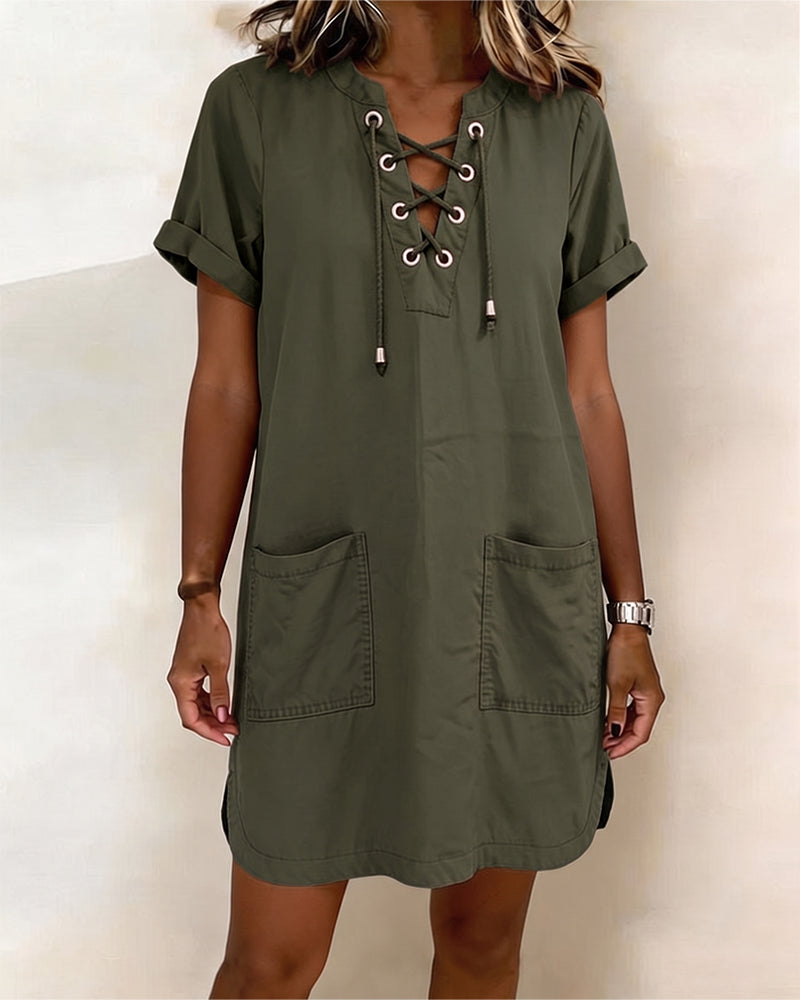 Tie V Neck Pocket Sheath Dress