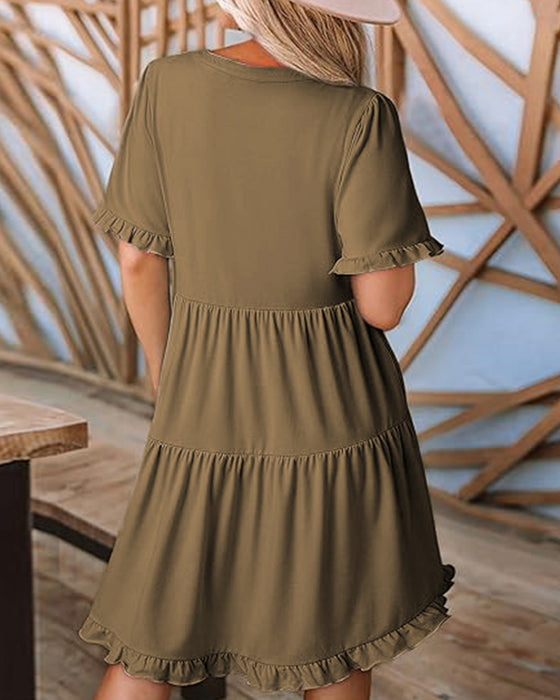 Ruffle Trim V-Neck Tiered Hem Dress