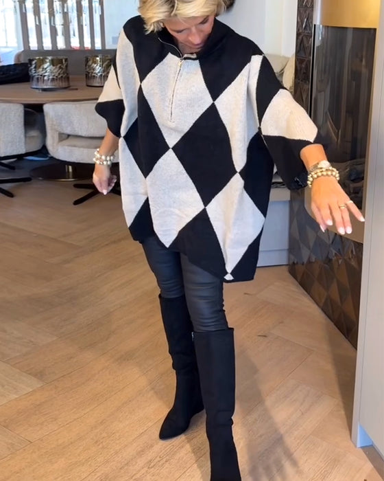 Stand-Up Collar Argyle Irregular Pullover