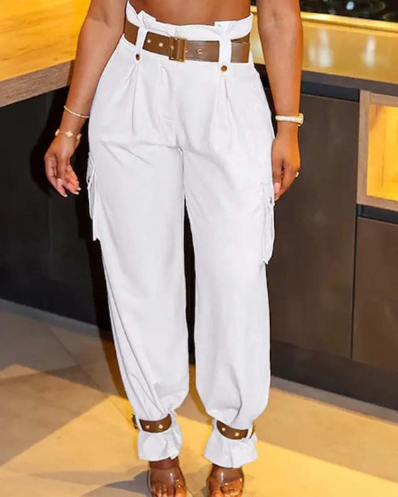 Solid color pocket casual cargo pants