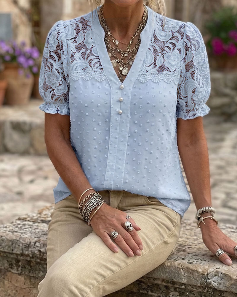 Lace Patchwork Puff Sleeve V-Neck Blouse
