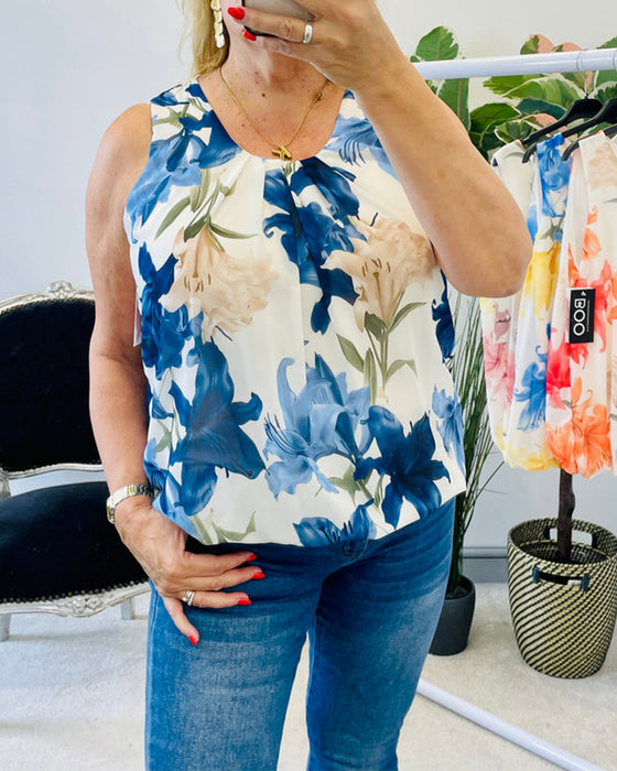 Sleeveless Floral Pleated Tank Top