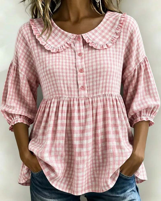 Peter Pan Collar Plaid Waist-Cinching Blouse
