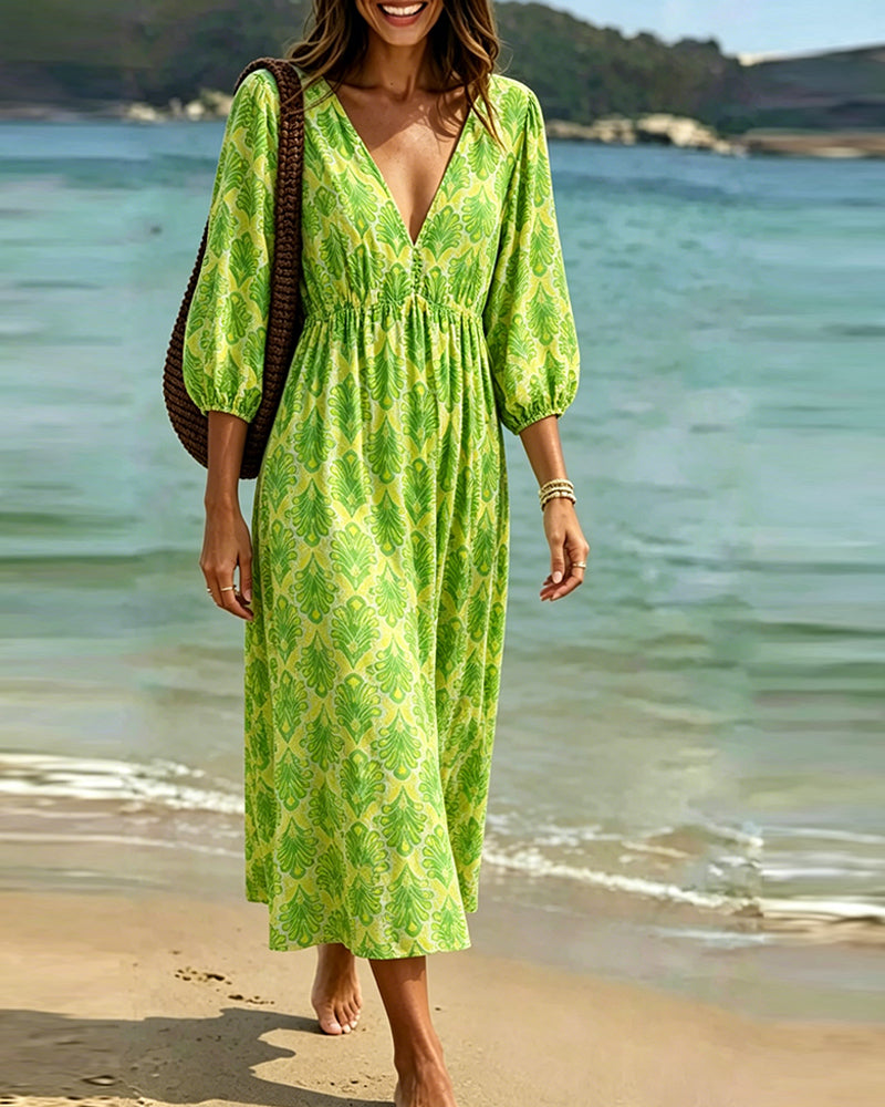 Color Block Vintage Leaf Pattern Dress