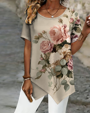 Vintage Large Floral Asymmetric Hem Short Sleeve T-Shirt