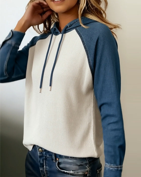 Stylish Denim Knitted Patchwork Hoodie