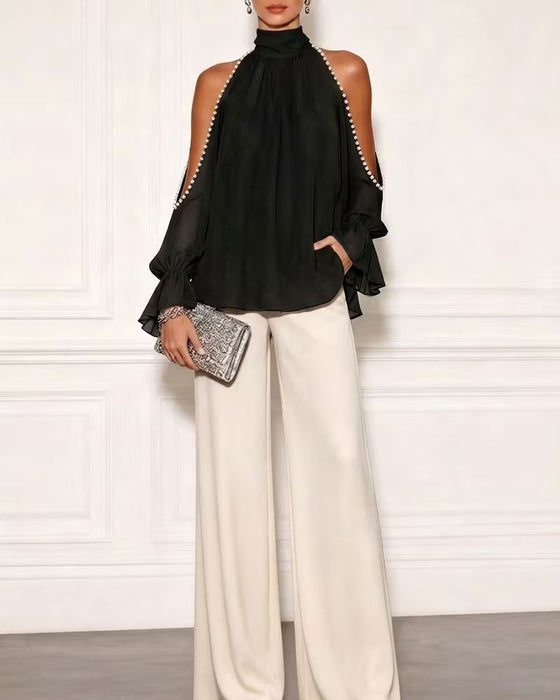 Turtleneck Off-Shoulder Ruffle Blouse