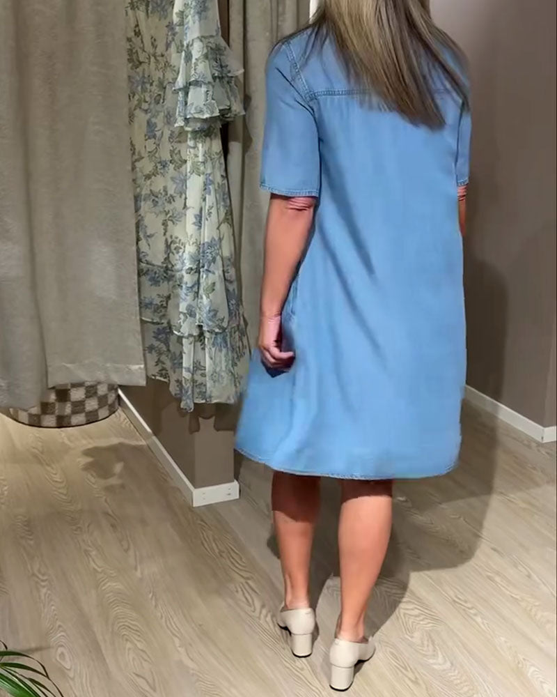 Denim Camp Collar Button-Front Shirt Dress