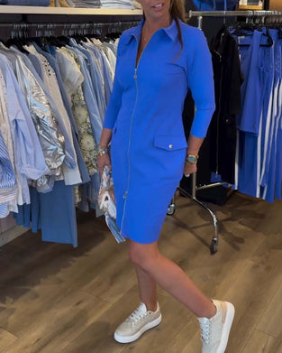 Lapel Solid Color Zipper Long Sleeve Dress