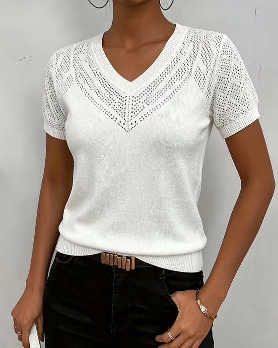 Solid Color Hollow Out V Neck Slim Fit Pullovers