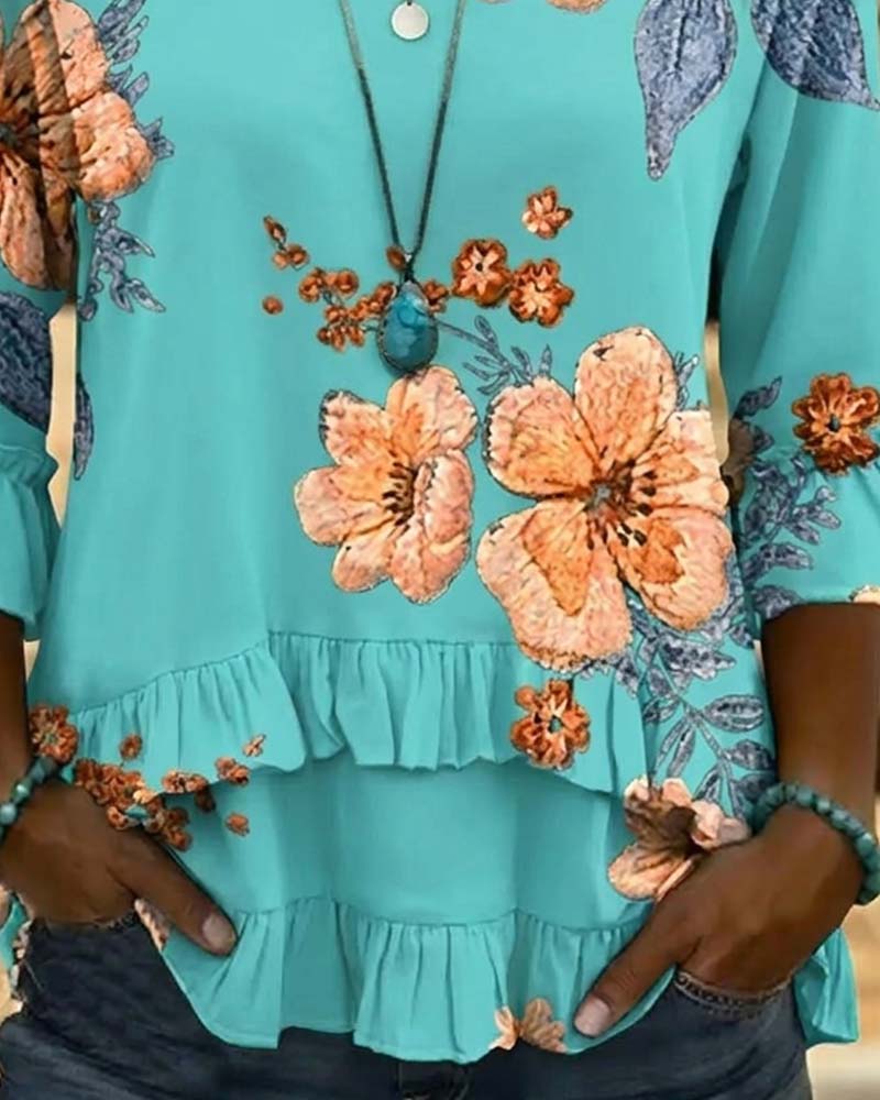 V-Neck Vintage Floral Loose Fit Blouse