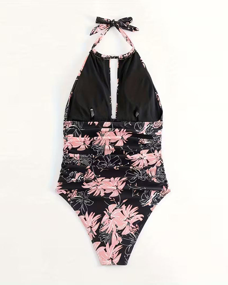 Halter-Neck Floral Print One-Piece Swimsuit