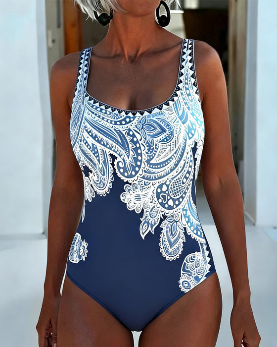 Strappy Leaf Print Color Block One Piece