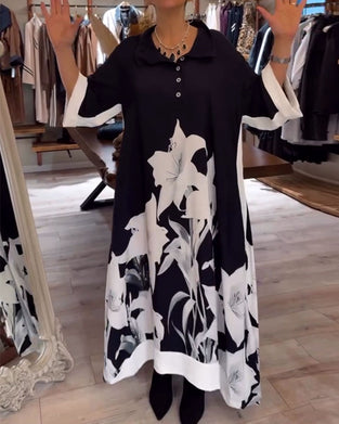Lapel Printed Oversized Maxi Dress