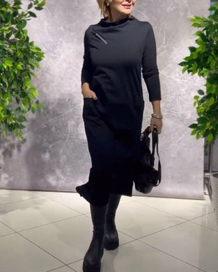 Solid Color Crew Neck Dress with Pocket