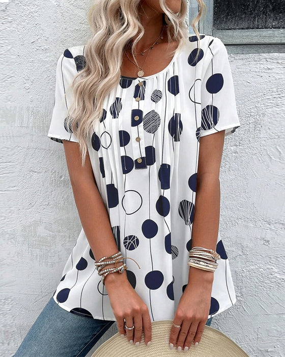 Round Neck Short Sleeve Printed Blouse