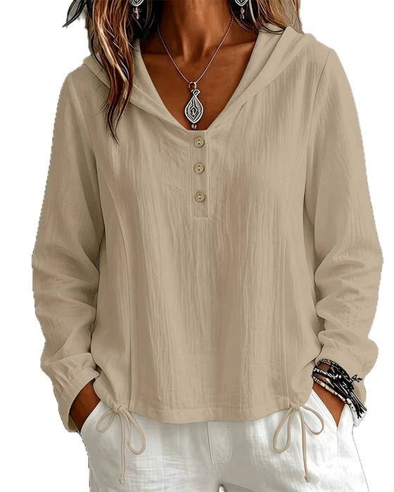 Solid Button Hooded Long Sleeve Top
