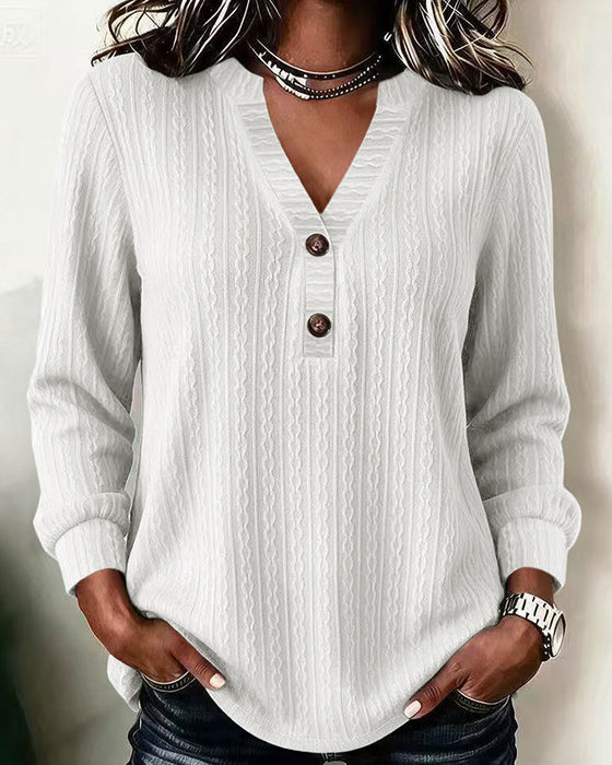 Solid Color Ribbed V-Neck Button-Down Top