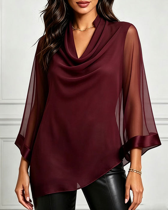 Cowl Neck Irregular Solid Sheer Blouse
