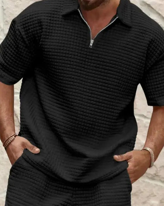 Polo Collar Zip Waffle Texture Shorts Set