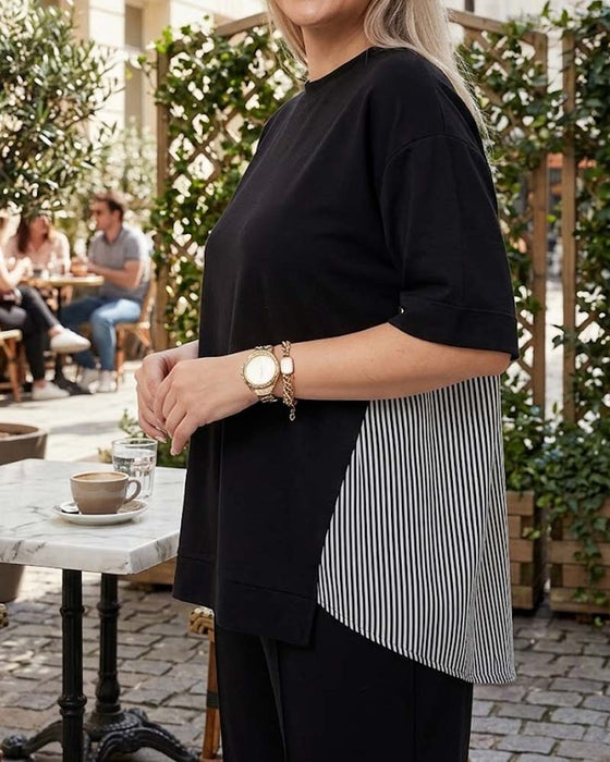 Pinstripe patchwork casual blouse