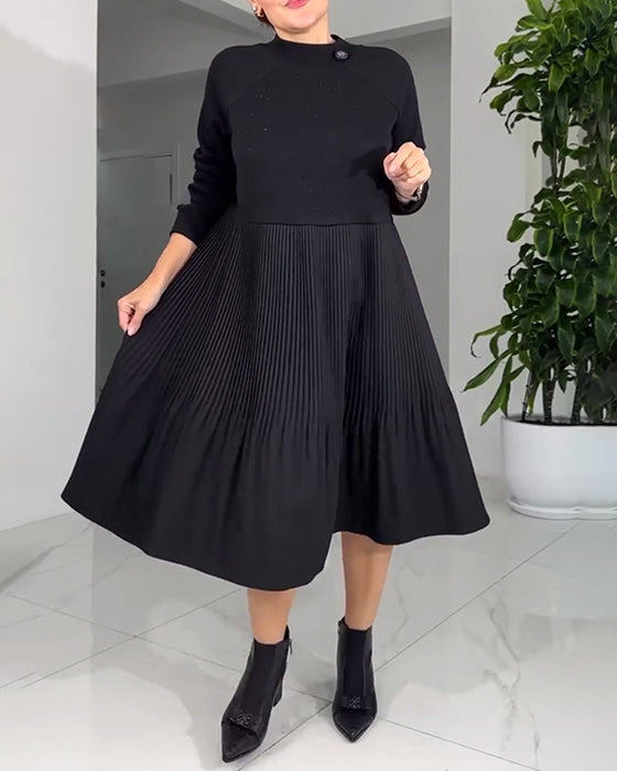 Pleated Paneled Long-Sleeved Dress