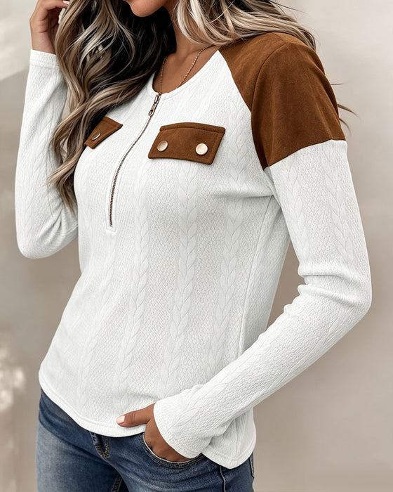 Crew Neck Zip Color-Block Top