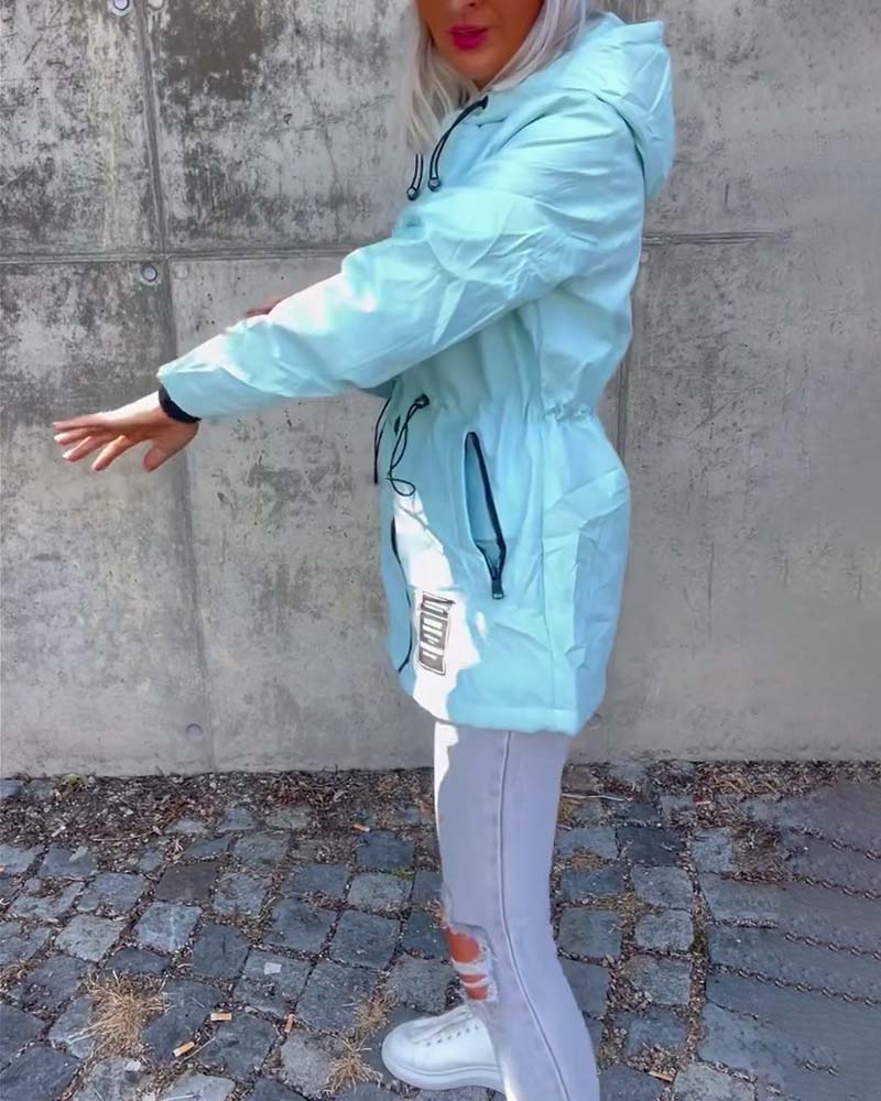 Zipper drawstring solid color coat