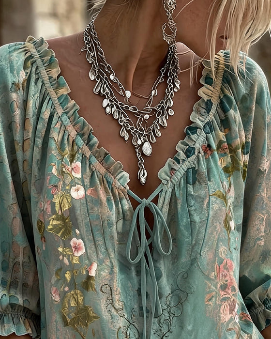 Floral Print Drawstring Three-Quarter Sleeve Blouse