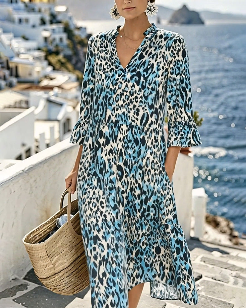 Ruffle Gradient V-Neck Leopard Dress