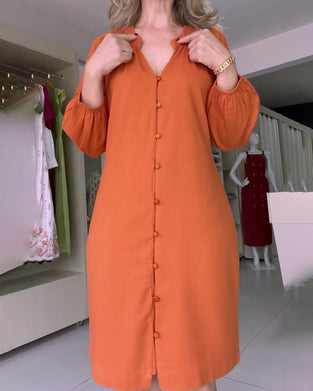 Casual solid color V-neck buttoned lantern sleeve dress