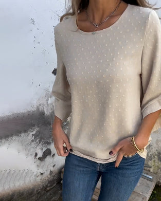 Long-Sleeved Round Neck Solid Color Blouse