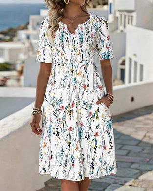 V Neck White Background Watercolor Floral Print Dress