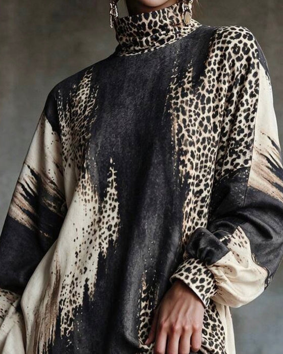 Turtleneck Leopard Color-Block Dress