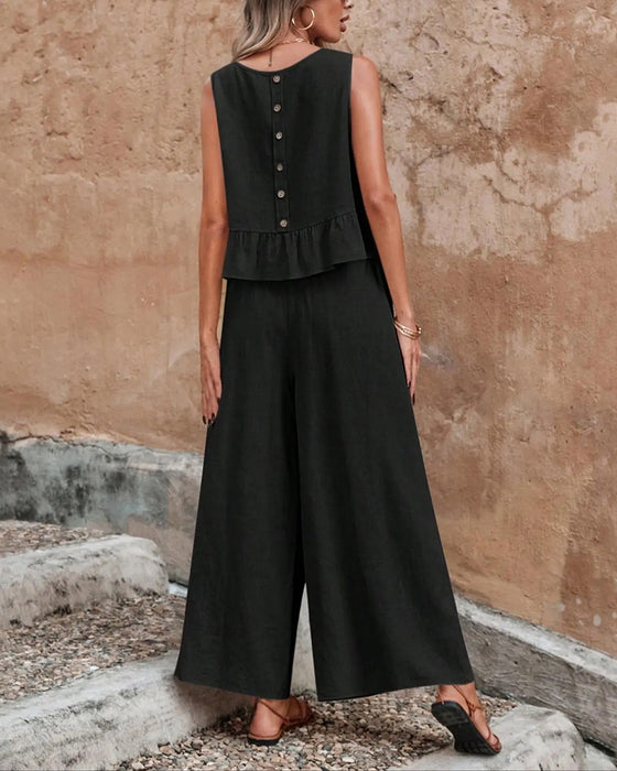 Sleeveless Round Neck Ruffle Wide Leg Set