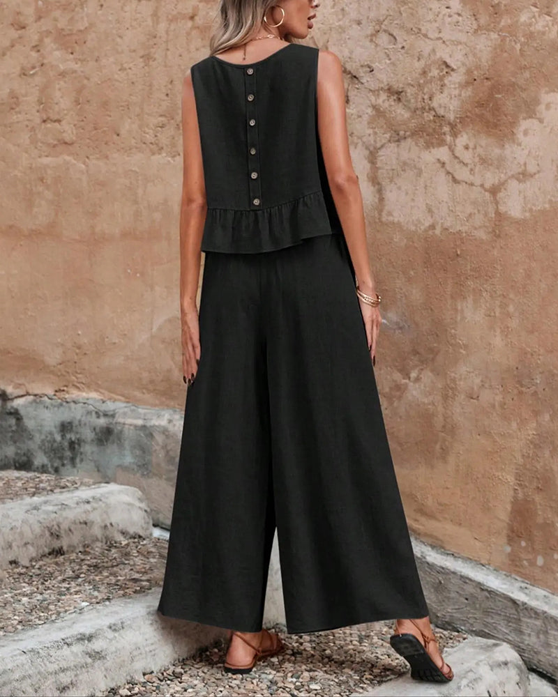 Sleeveless Round Neck Ruffle Wide Leg Set