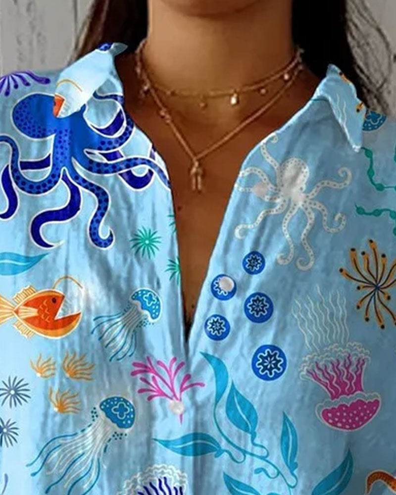 Marine Life Print Button Shirt
