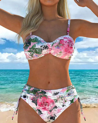 Pink and White Rose Print Bikinis