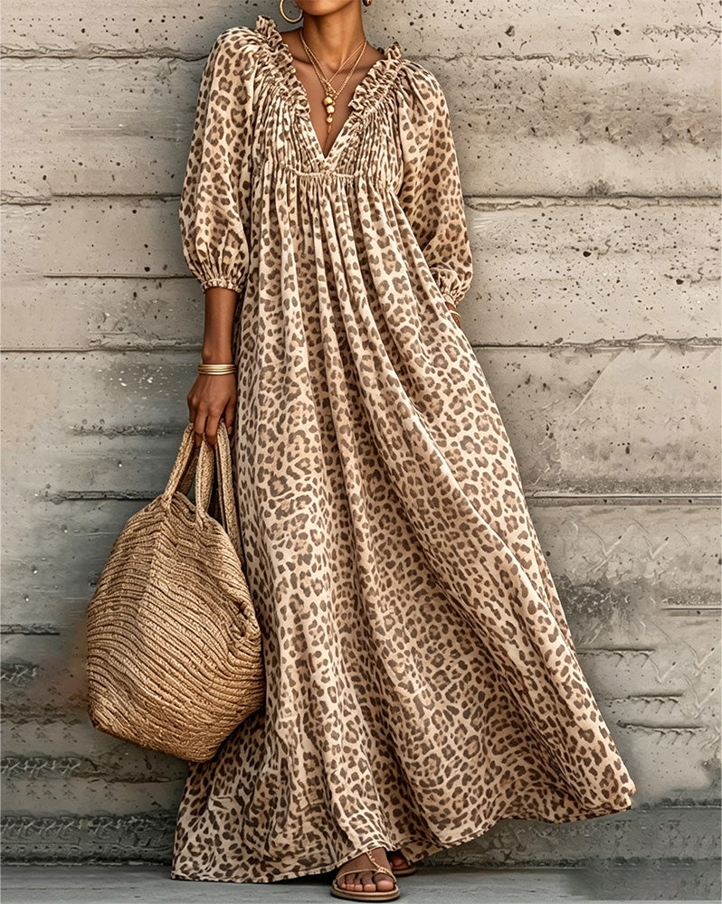 Leopard Print V-Neck Puff Sleeve Dress