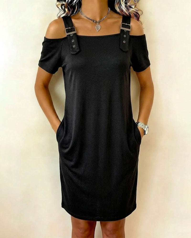 Metal Ring Off-Shoulder Solid Short Sleeve Dress