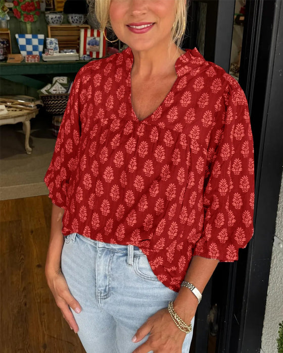 Three-Quarter Sleeve Printed Casual Blouse