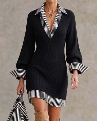 Lapel Stripe Long Sleeve Dress