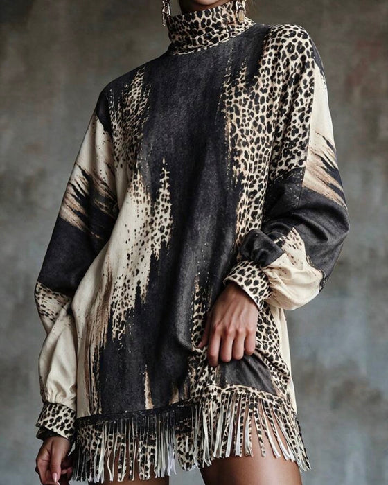 Turtleneck Leopard Color-Block Dress