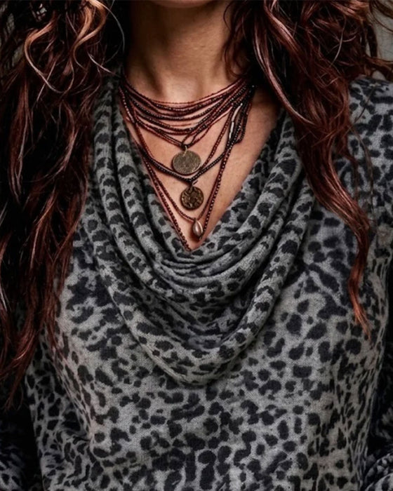 Mock Neck Leopard Long Sleeve Blouse