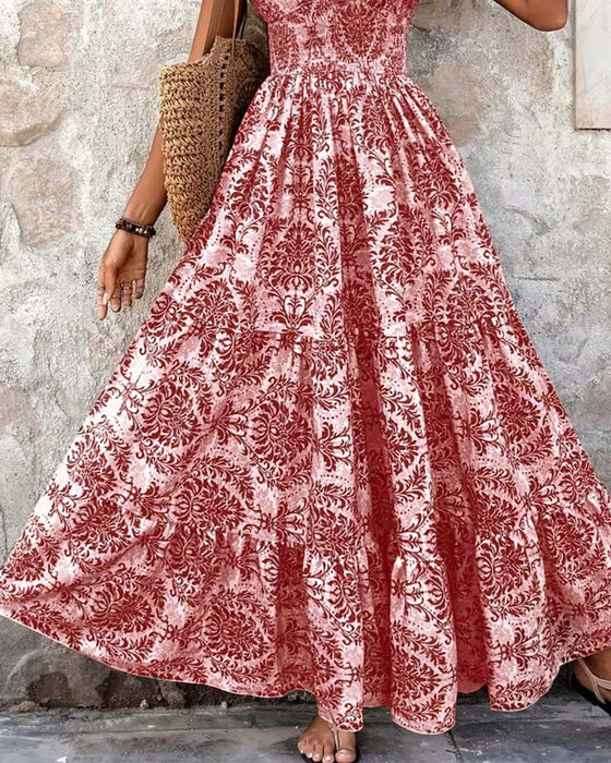 Retro Print V-Neck Cinched Waist Long Dress