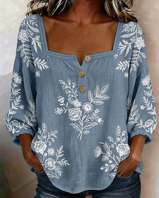 Square Neck Print Loose Blouse
