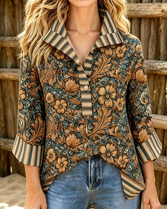Lapel Casual Floral Button Blouse